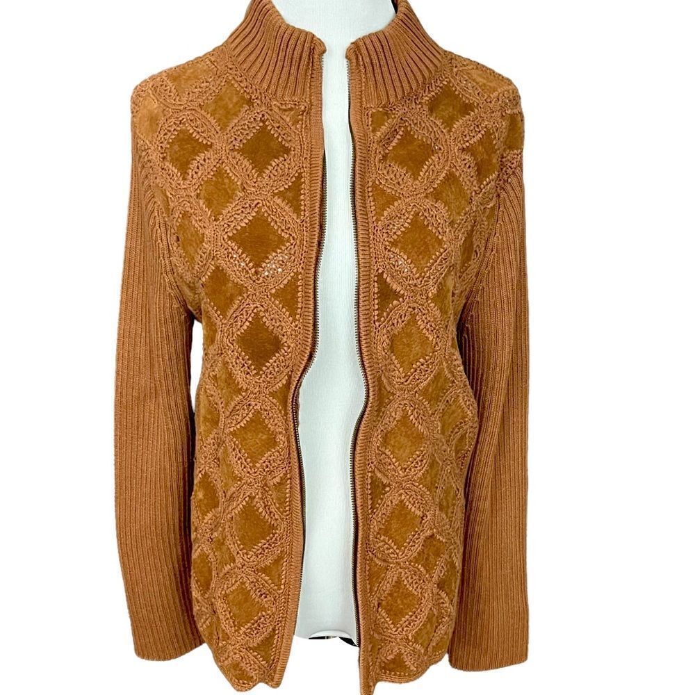 Vintage Y2K Lisa International Sweater Jacket Camel Suede / Crochet Knit XL
